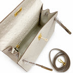 Kelly Sellier 25cm Craie Ostrich Gold Hardware Premium Women Shoulder Purse — Streamlined Top-Handle Handbag