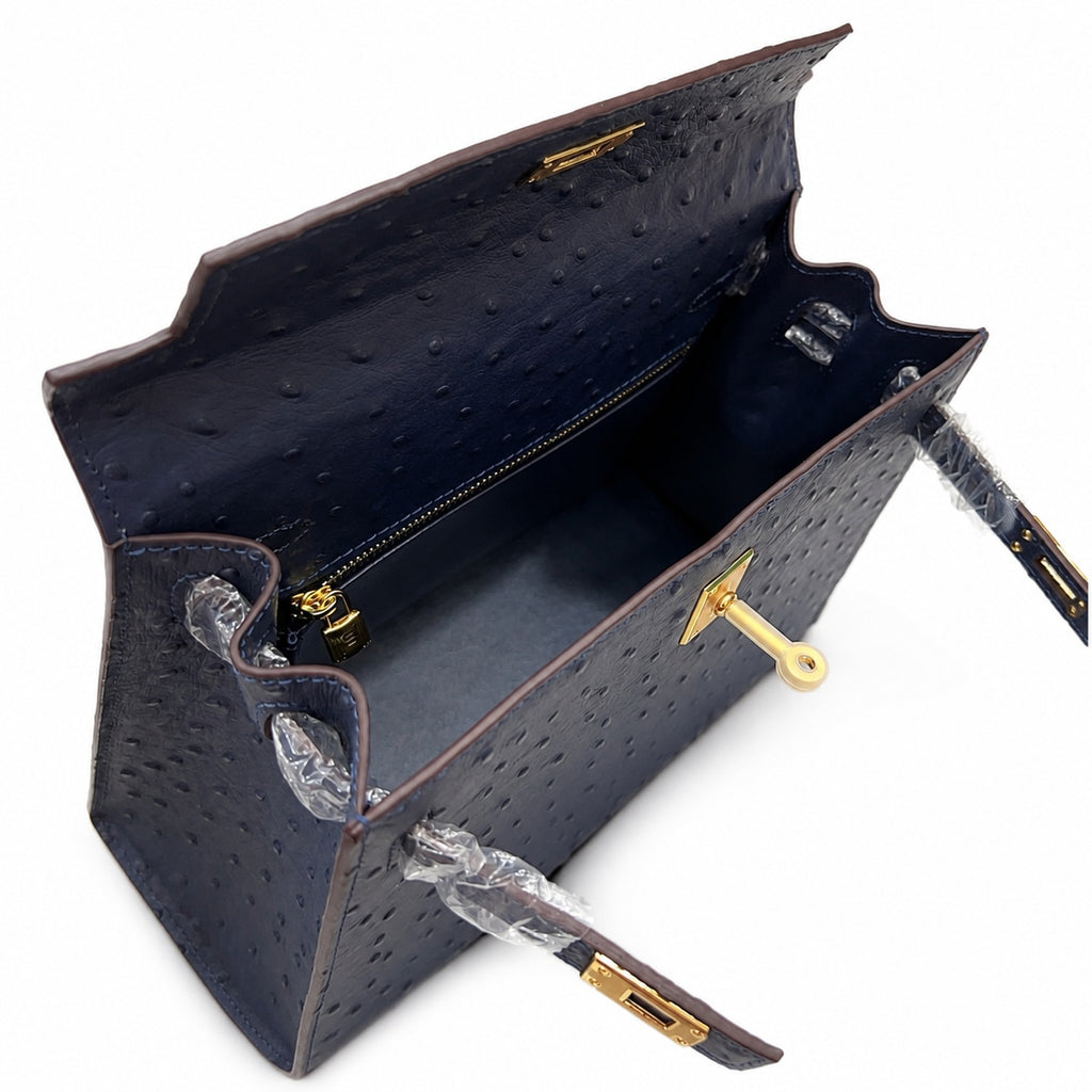 elly Sellier 25cm Bleu Nuit Ostrich Gold Hardware Luxury Commute — Timeless Top-Handle Design