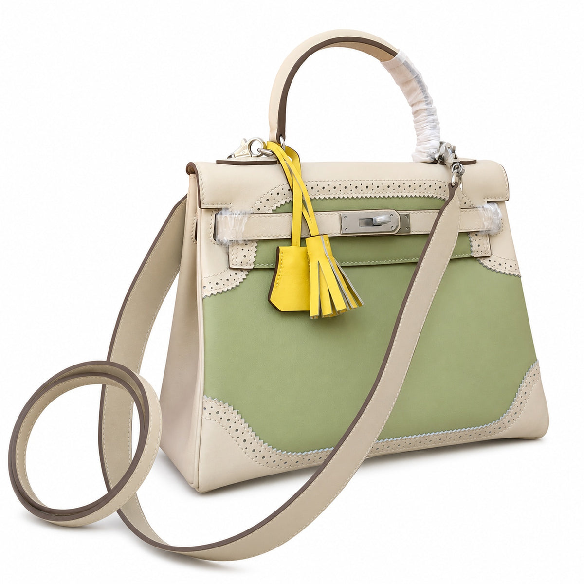 Kelly Sellier Ghillies 28cm Craie & Vert Pomme Barenia Leather Palladium Hardware — Versatile Structured Bag