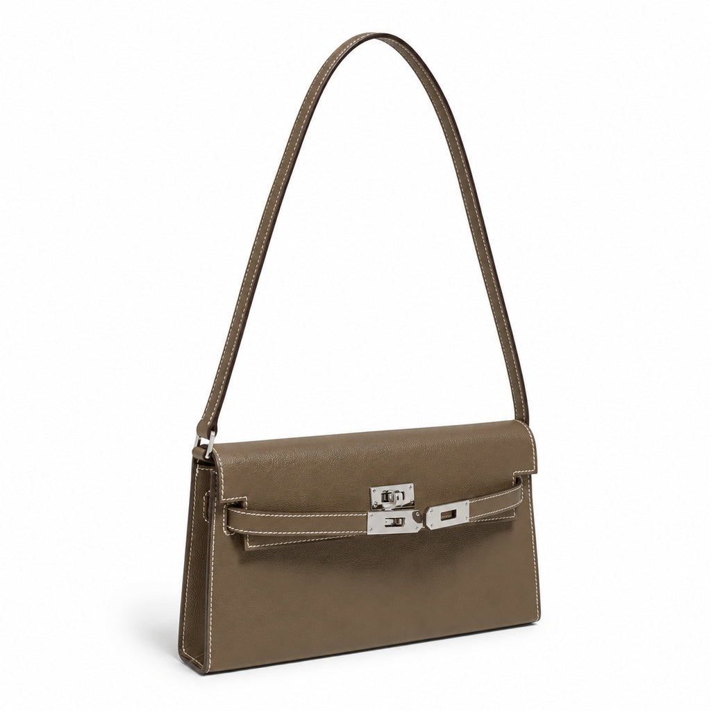 Kelly Elan 25x6.5x15cm Underarm Baguette Bag in Khaki with Silver Hardware — Elegant Shoulder-Carry Bag