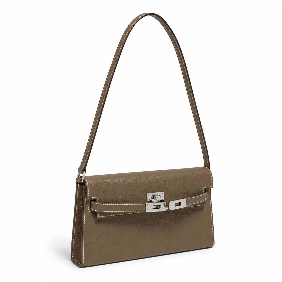 Kelly Elan 25x6.5x15cm Underarm Baguette Bag in Khaki with Silver Hardware — Elegant Shoulder-Carry Bag