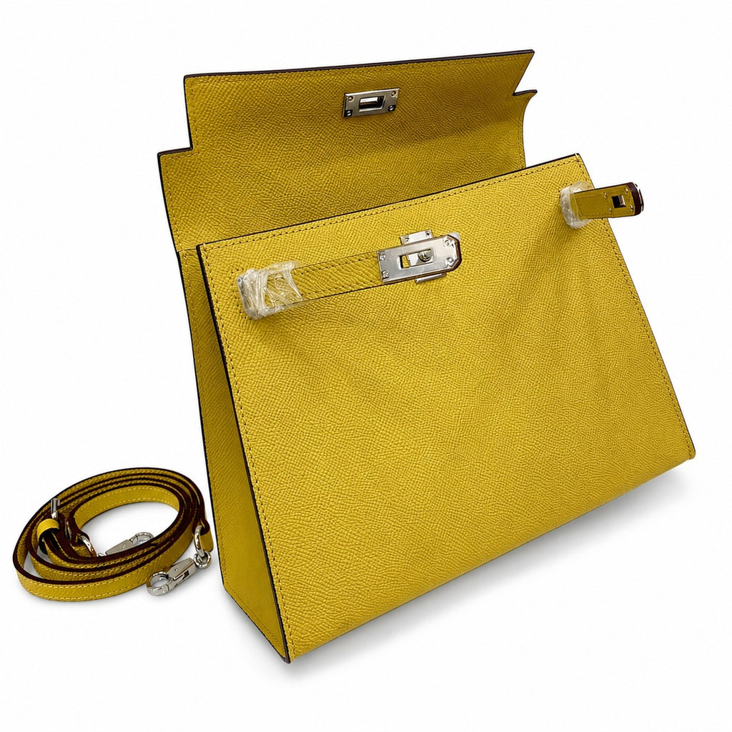 Kelly Sellier 25cm & 28cm Jaune Ambre Epsom Leather Palladium Hardware Women Luxury — Refined Top-Handle Bag