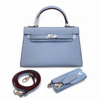 Mini Kelly II Sellier 19cm & 22cm Bleu Lin Epsom Leather Palladium Hardware — Timeless Mini Top-Handle Design