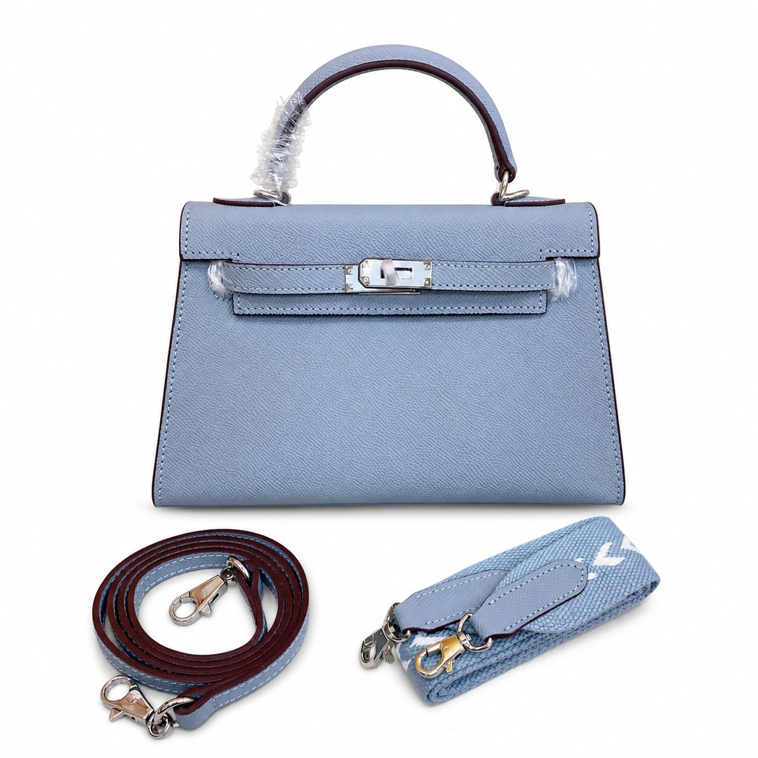 Mini Kelly II Sellier 19cm & 22cm Bleu Lin Epsom Leather Palladium Hardware — Timeless Mini Top-Handle Design