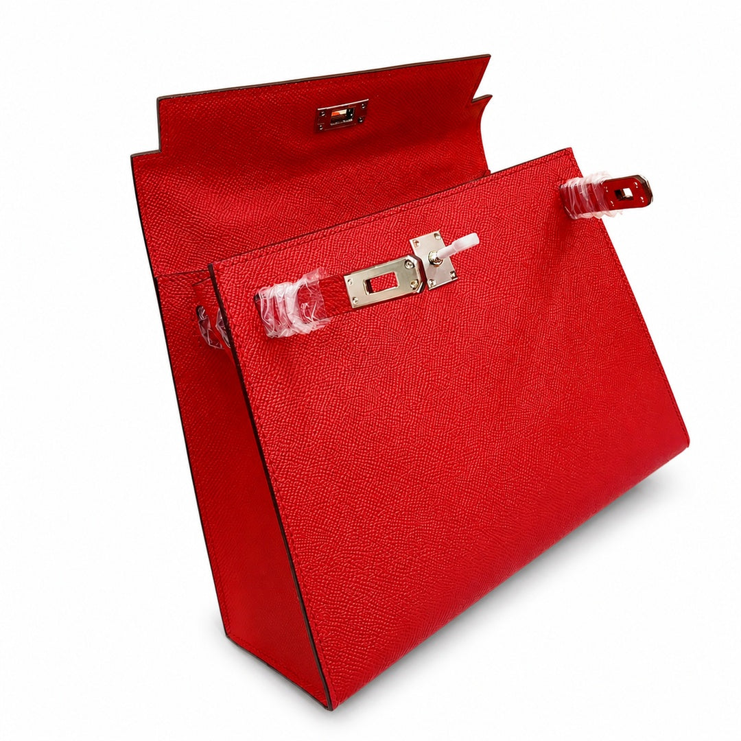 Kelly Sellier 25cm & 28cm Rouge Casaque Epsom Leather Palladium Hardware Crossbody — Polished Structured Handbag