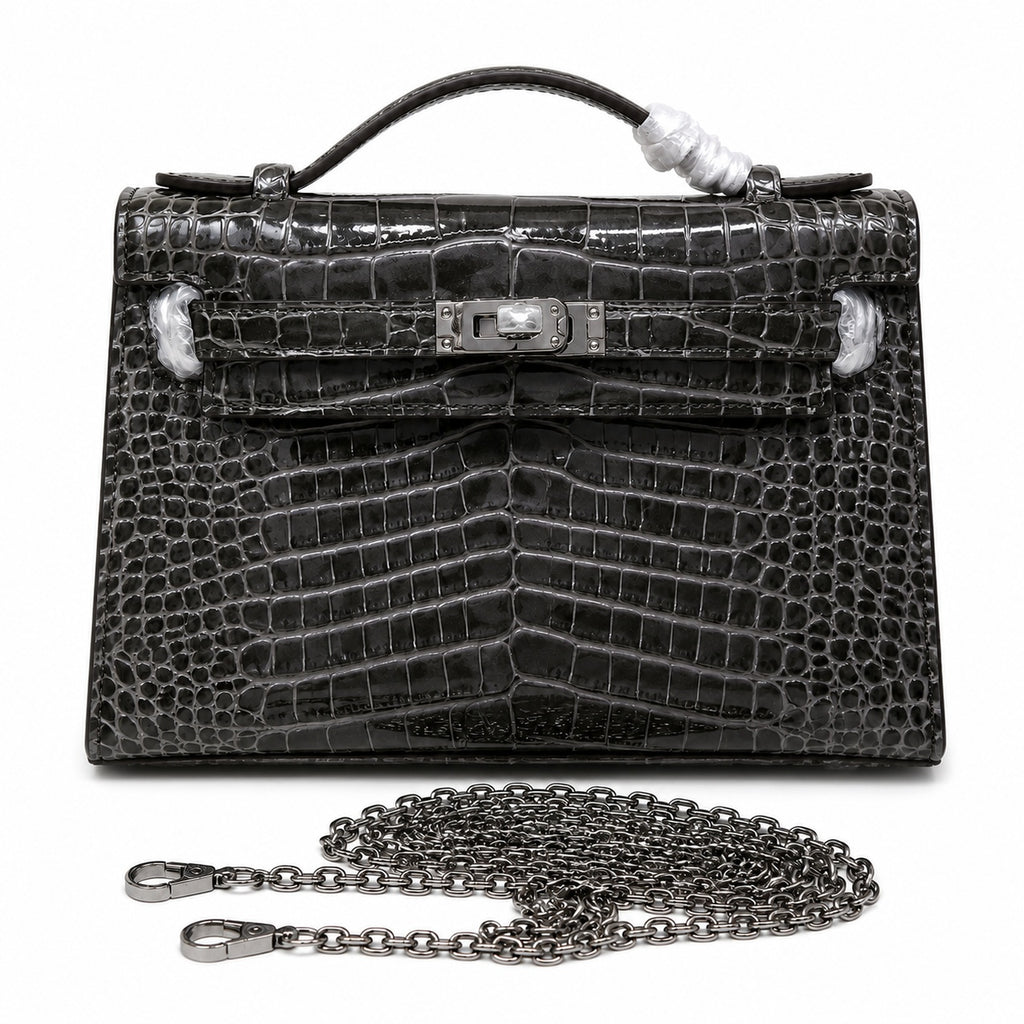 Kelly Pochette Gris Elephant Shiny Niloticus Crocodile Leather Palladium Hardware & Palladium Hardware Women Clutch Bag — Refined Small Hand-Carry Bag