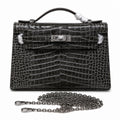 Kelly Pochette Gris Elephant Shiny Niloticus Crocodile Leather Palladium Hardware & Palladium Hardware Women Clutch Bag — Refined Small Hand-Carry Bag