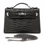 Kelly Pochette Gris Elephant Shiny Niloticus Crocodile Leather Palladium Hardware & Palladium Hardware Women Clutch Bag — Refined Small Hand-Carry Bag