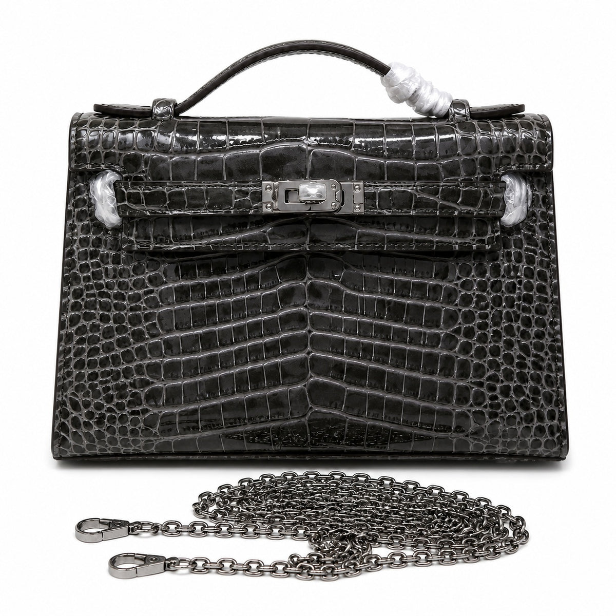 Kelly Pochette Gris Elephant Shiny Niloticus Crocodile Leather Palladium Hardware & Palladium Hardware Women Clutch Bag — Refined Small Hand-Carry Bag