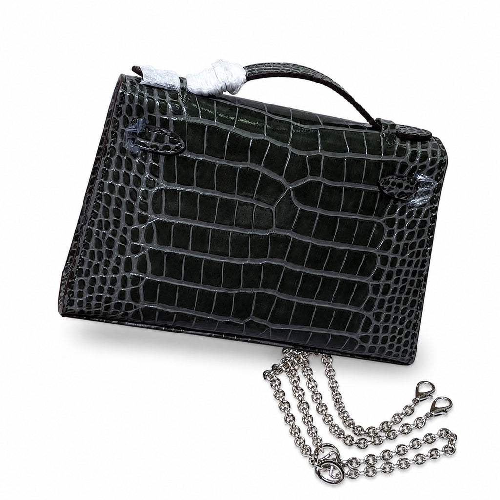 Kelly Pochette Gris Elephant Shiny Niloticus Crocodile Leather Palladium Hardware & Palladium Hardware Women Clutch Bag — Refined Small Hand-Carry Bag