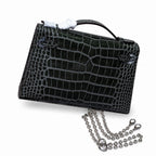 Kelly Pochette Gris Elephant Shiny Niloticus Crocodile Leather Palladium Hardware & Palladium Hardware Women Clutch Bag — Refined Small Hand-Carry Bag