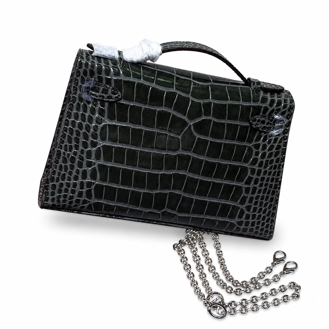 Kelly Pochette Gris Elephant Shiny Niloticus Crocodile Leather Palladium Hardware & Palladium Hardware Women Clutch Bag — Refined Small Hand-Carry Bag