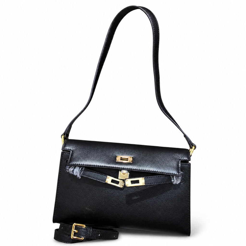 Kelly Elan 25x6.5x15cm Underarm Baguette Bag in Black with Gold Hardware — Streamlined Elan Carry Design