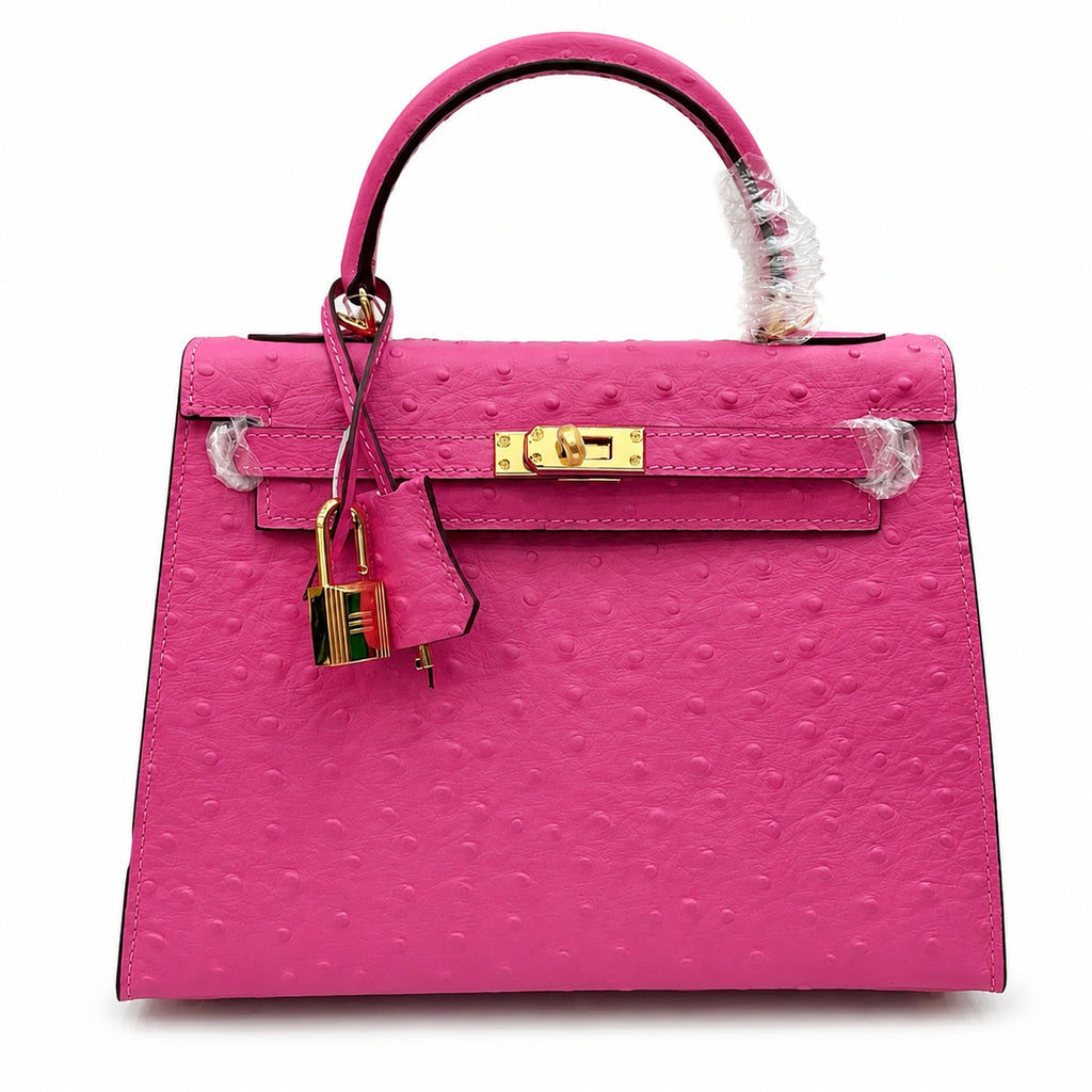 Kelly Sellier 25cm Rose Tyrien Ostrich Gold Hardware Designer Crossbody Tote — Elegant Structured Carry Style