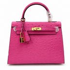 Kelly Sellier 25cm Rose Tyrien Ostrich Gold Hardware Designer Crossbody Tote — Elegant Structured Carry Style