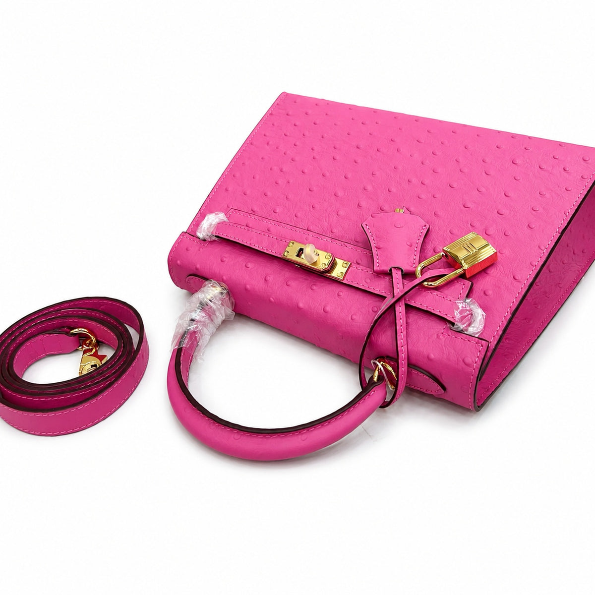 Kelly Sellier 25cm Rose Tyrien Ostrich Gold Hardware Designer Crossbody Tote — Elegant Structured Carry Style
