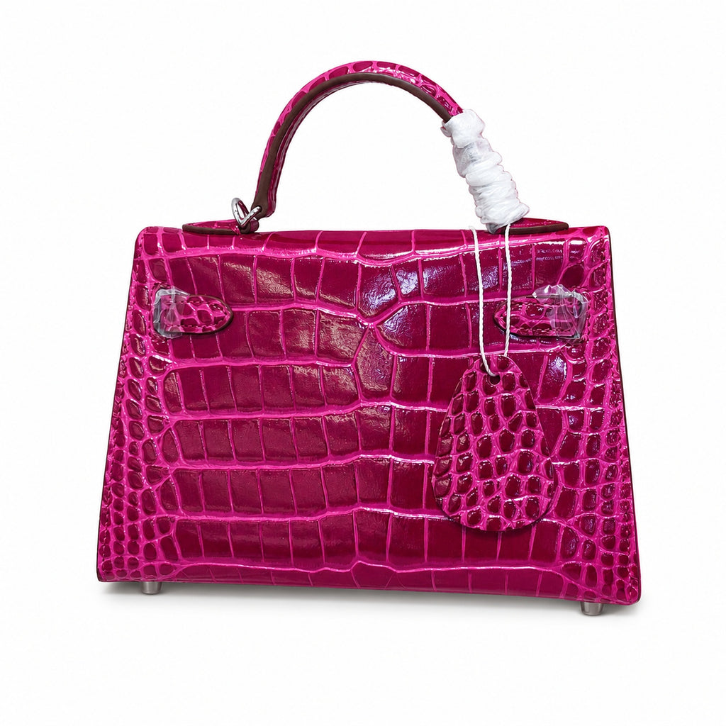 Kelly Sellier 19cm Fuchsia Shiny Crocodile Leather Gold Hardware & Palladium Hardware — Versatile Structured Bag