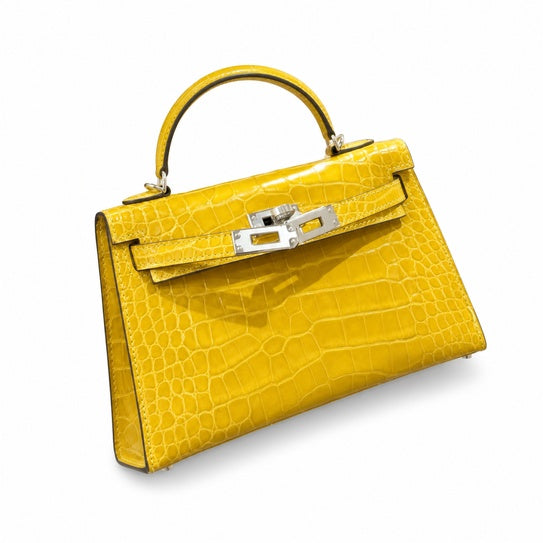 Kelly Sellier 19cm Jaune Ambre Shiny Crocodile Leather Gold Hardware & Palladium Hardware — Structured Top-Handle Handbag