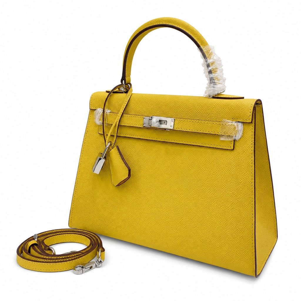 Kelly Sellier 25cm & 28cm Jaune Ambre Epsom Leather Palladium Hardware Women Luxury — Refined Top-Handle Bag