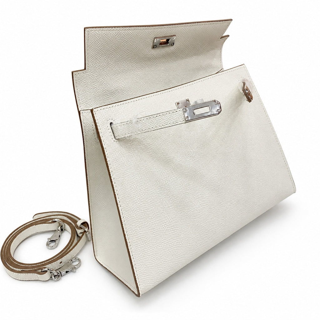Kelly Sellier 25cm & 28cm Craie Epsom Leather Palladium Hardware Women Luxury — Streamlined Top-Handle Handbag
