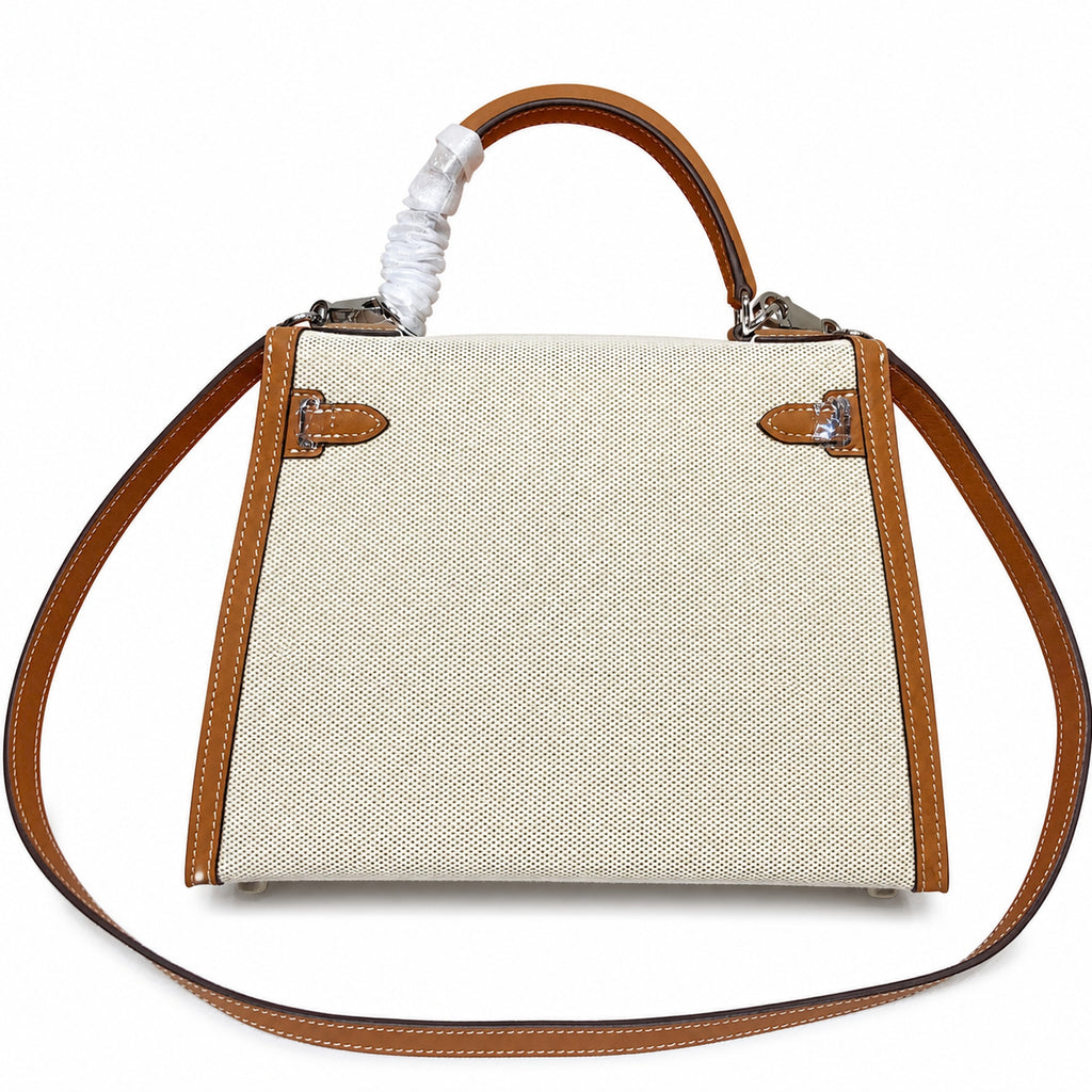 Kelly 25cm Patchwork Canvas and Swift Leather in Warm Brown — Versatile Structured Bag