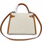 Kelly 25cm Patchwork Canvas and Swift Leather in Warm Brown — Versatile Structured Bag