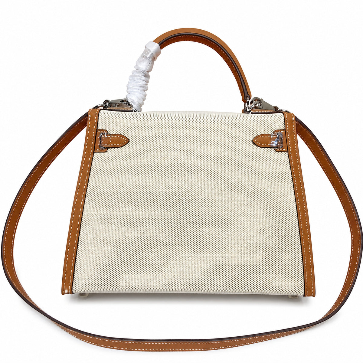 Kelly 25cm Patchwork Canvas and Swift Leather in Warm Brown — Versatile Structured Bag