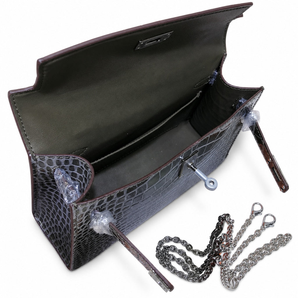 Kelly Pochette Gris Elephant Shiny Niloticus Crocodile Leather Palladium Hardware & Palladium Hardware Women Clutch Bag — Refined Small Hand-Carry Bag