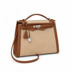 Kelly 25cm Patchwork Canvas and Swift Leather in Warm Brown — Versatile Structured Bag