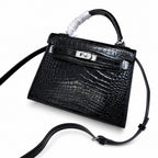 Kelly Sellier 22cm Noir Shiny Crocodile Leather Gold Hardware & Palladium Hardware — Classic Hand-Carry Silhouette