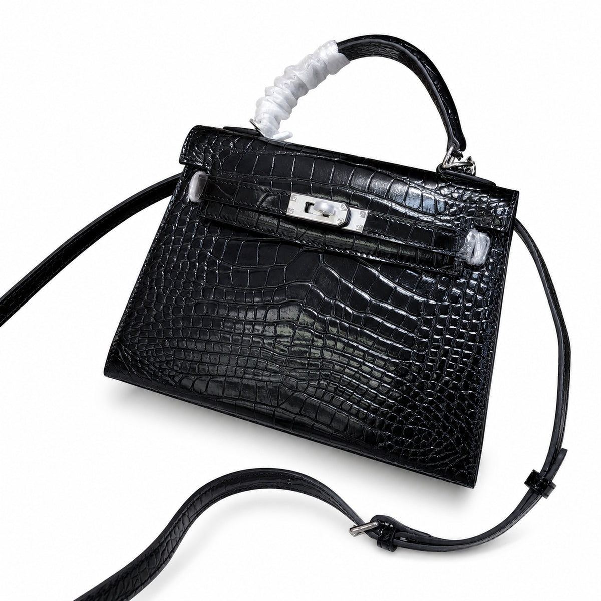 Kelly Sellier 22cm Noir Shiny Crocodile Leather Gold Hardware & Palladium Hardware — Classic Hand-Carry Silhouette