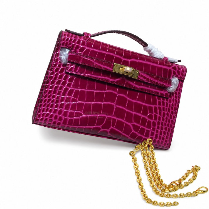 Kelly Pochette Fuchsia Shiny Niloticus Crocodile Leather Gold Hardware Women Clutch Bag — Polished Compact Shoulder Style