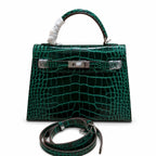 Kelly Sellier 22cm Vert Emeraude Shiny Crocodile Leather Gold Hardware & Palladium Hardware — Distinctive Hand-Carry Bag
