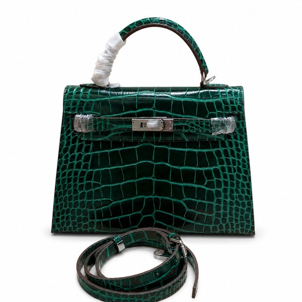 Kelly Sellier 22cm Vert Emeraude Shiny Crocodile Leather Gold Hardware & Palladium Hardware — Distinctive Hand-Carry Bag