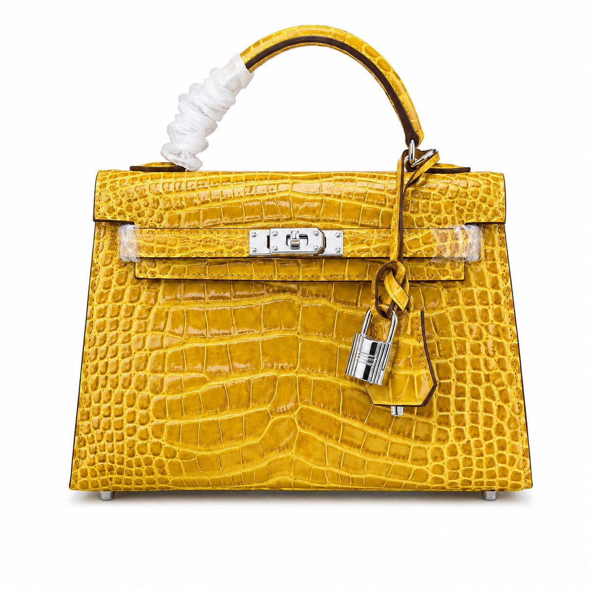 Kelly Sellier 22cm Jaune Ambre Shiny Crocodile Leather Gold Hardware & Palladium Hardware — Elegant Structured Carry Style