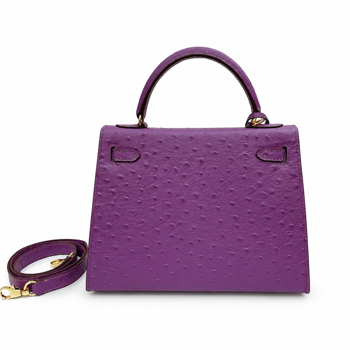Kelly Sellier 25cm Violine Ostrich Gold Hardware Luxury Commute — Streamlined Top-Handle Handbag