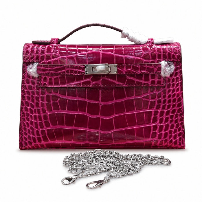 Kelly Pochette Fuchsia Shiny Niloticus Crocodile Leather Palladium Hardware Women Clutch Bag — Refined Small Hand-Carry Bag