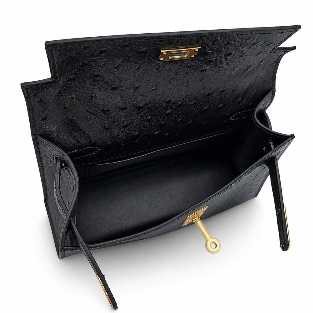Mini Kelly Sellier 22cm Noir Ostrich Leather Gold Hardware — Small Structured Carry Style