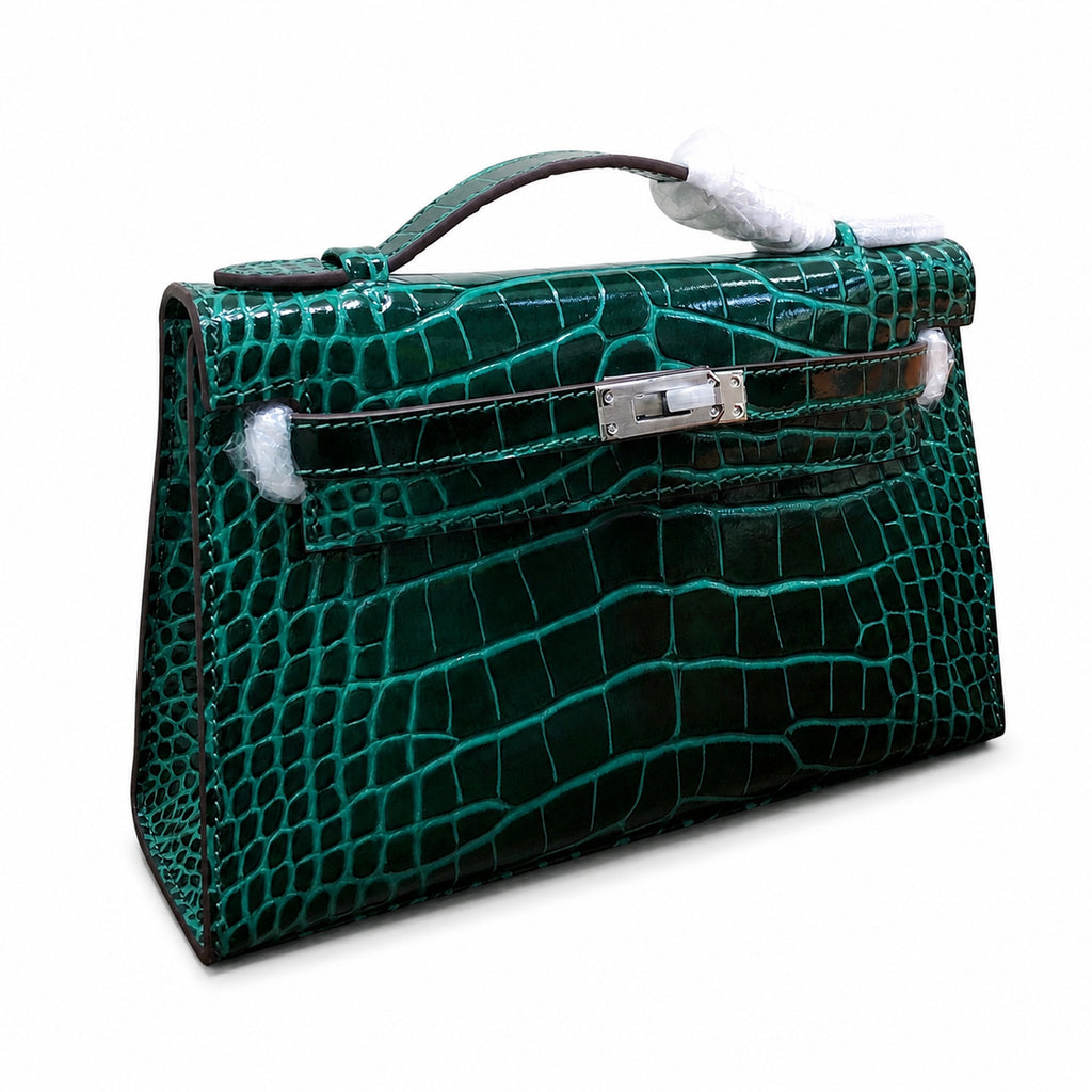 Kelly Pochette Vert Emeraude Shiny Niloticus Crocodile Leather Palladium Hardware Women Clutch Bag — Refined Small Hand-Carry Bag