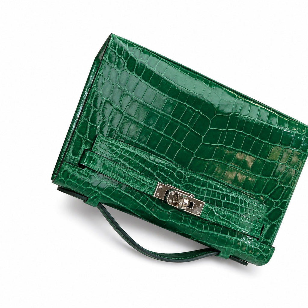 Kelly Pochette Vert Emeraude Shiny Niloticus Crocodile Leather Palladium Hardware Women Clutch Bag — Refined Small Hand-Carry Bag