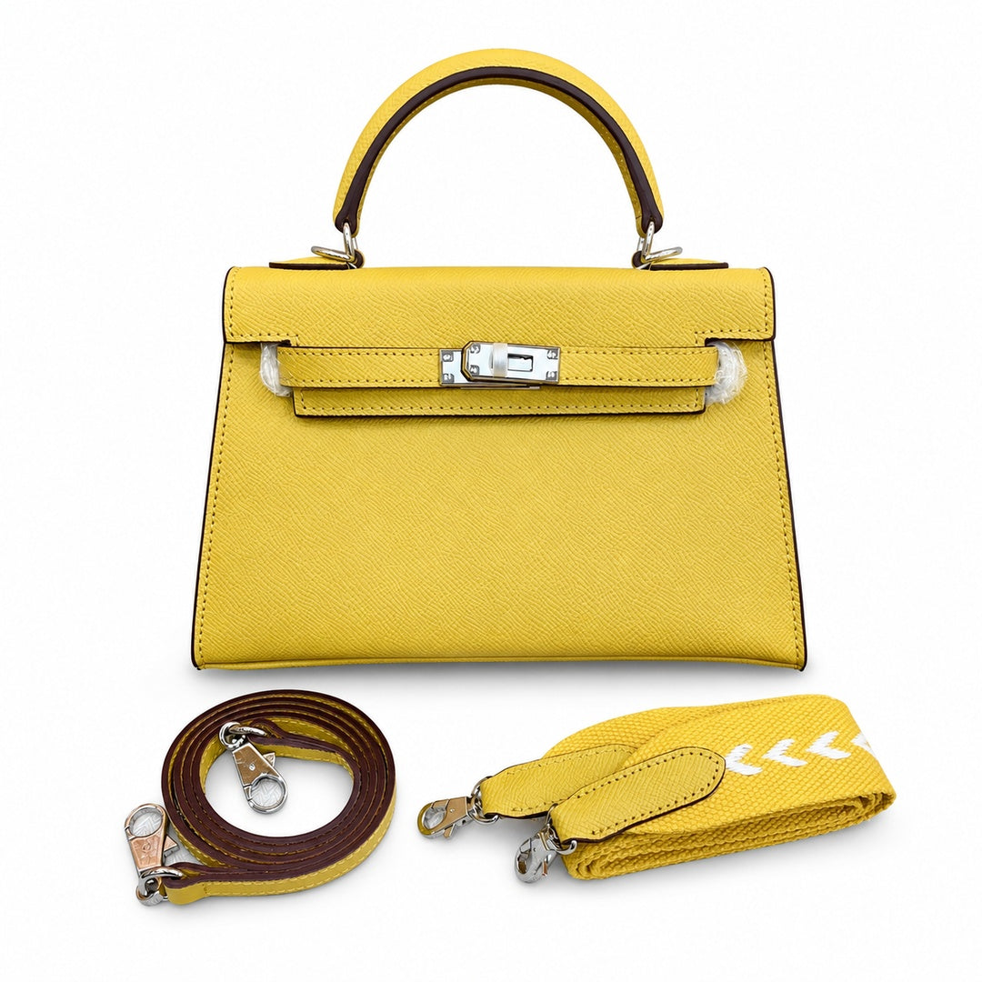 Mini Kelly II Sellier 19cm & 22cm Jaune Ambre Epsom Leather Palladium Hardware — Distinctive Petite Bag