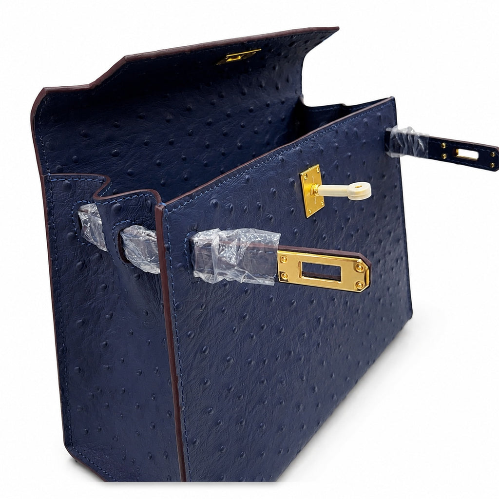 elly Sellier 25cm Bleu Nuit Ostrich Gold Hardware Luxury Commute — Timeless Top-Handle Design