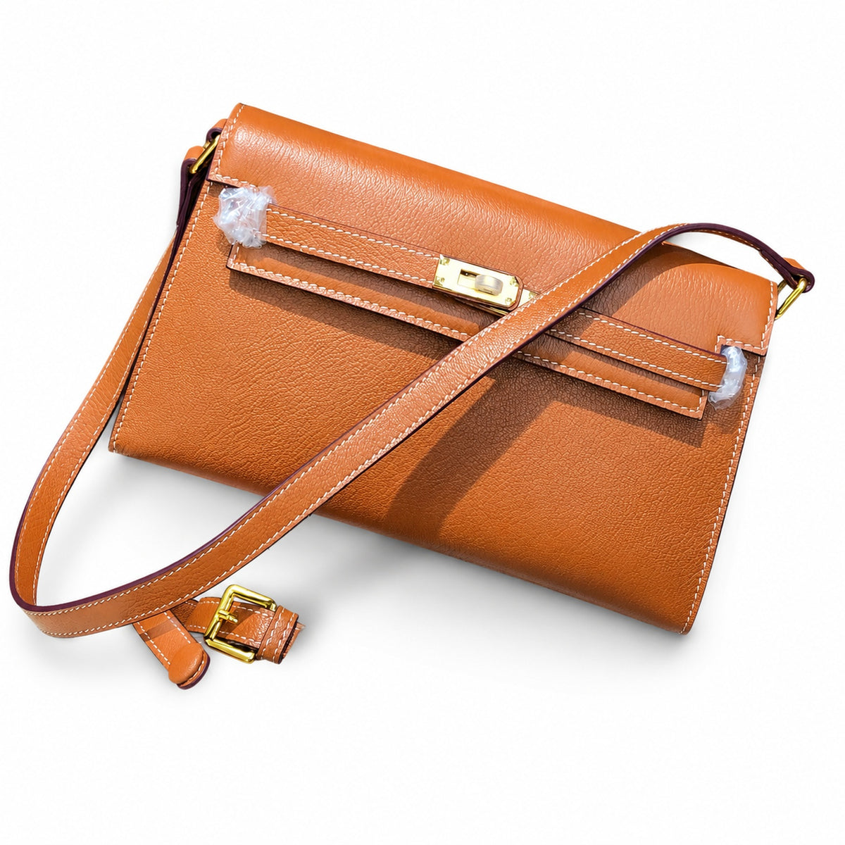 Kelly Elan 25x6.5x15cm Underarm Baguette Bag in Brown with Gold Buckle — Distinctive Elongated Handbag