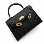 Mini Kelly Sellier 19cm Noir Ostrich Leather Gold Hardware — Sophisticated Small-Scale Bag