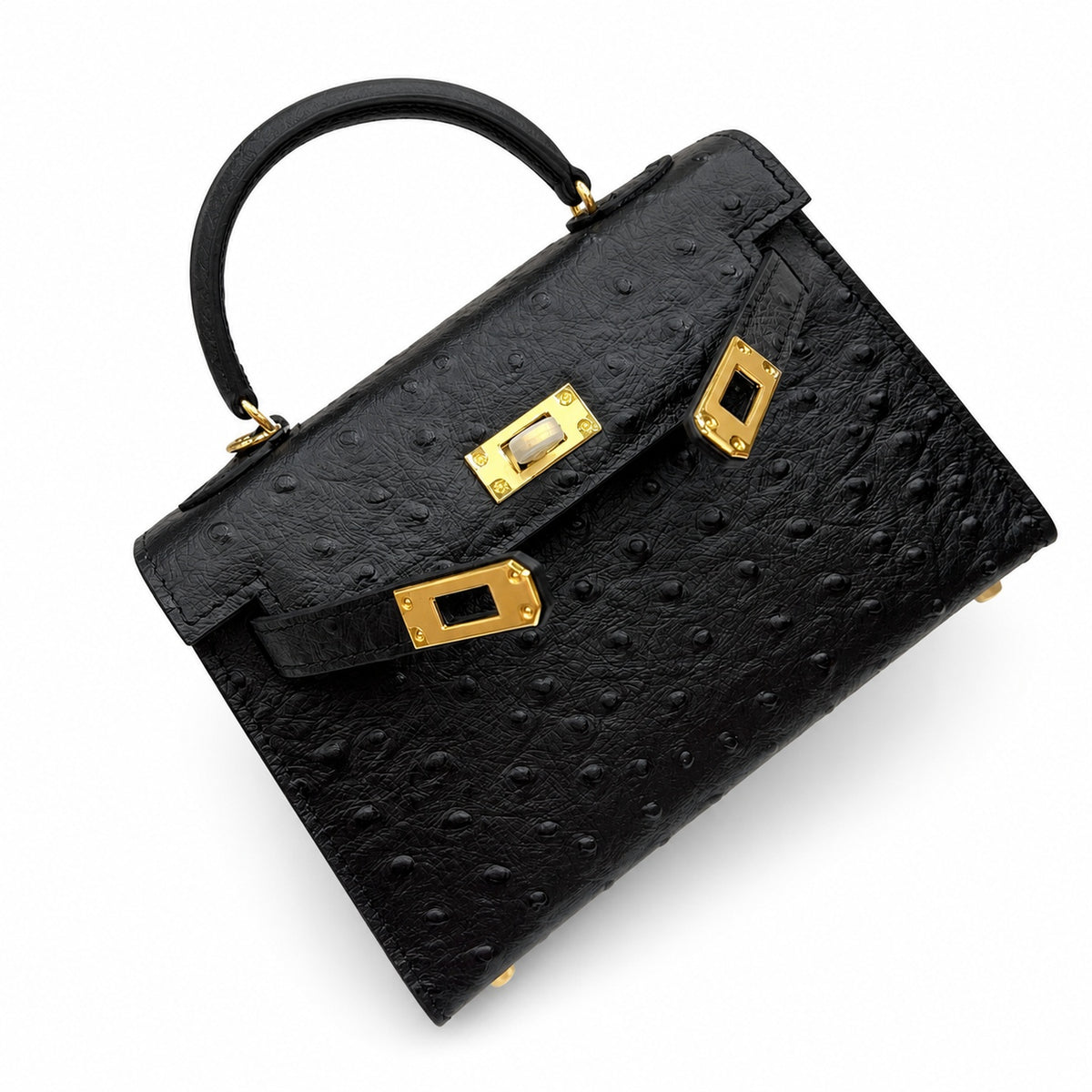 Mini Kelly Sellier 19cm Noir Ostrich Leather Gold Hardware — Sophisticated Small-Scale Bag