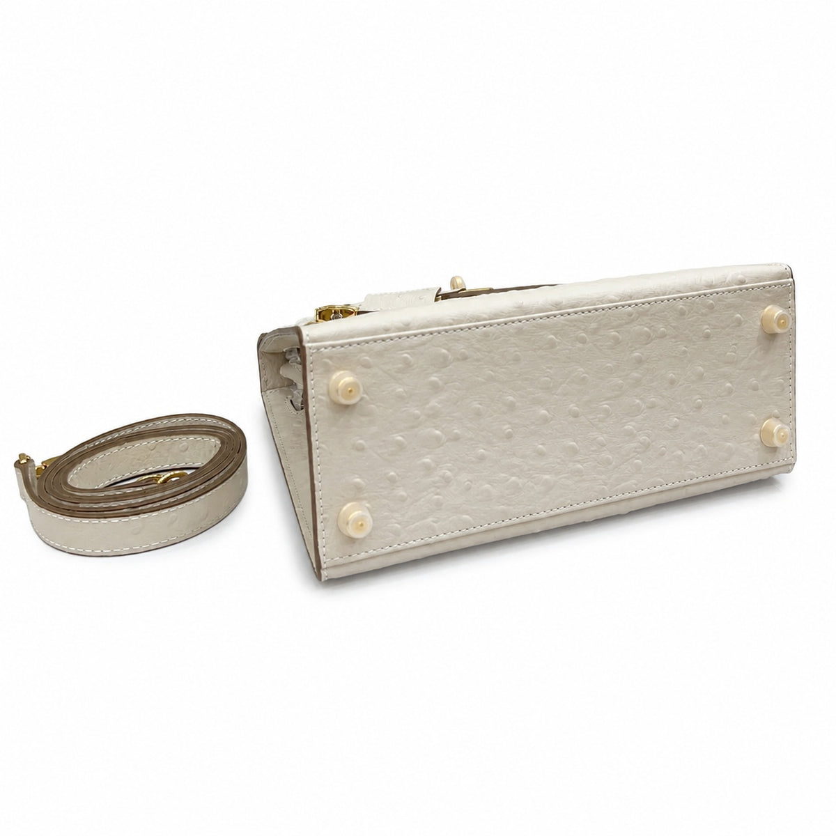 Kelly Sellier 25cm Craie Ostrich Gold Hardware Premium Women Shoulder Purse — Streamlined Top-Handle Handbag