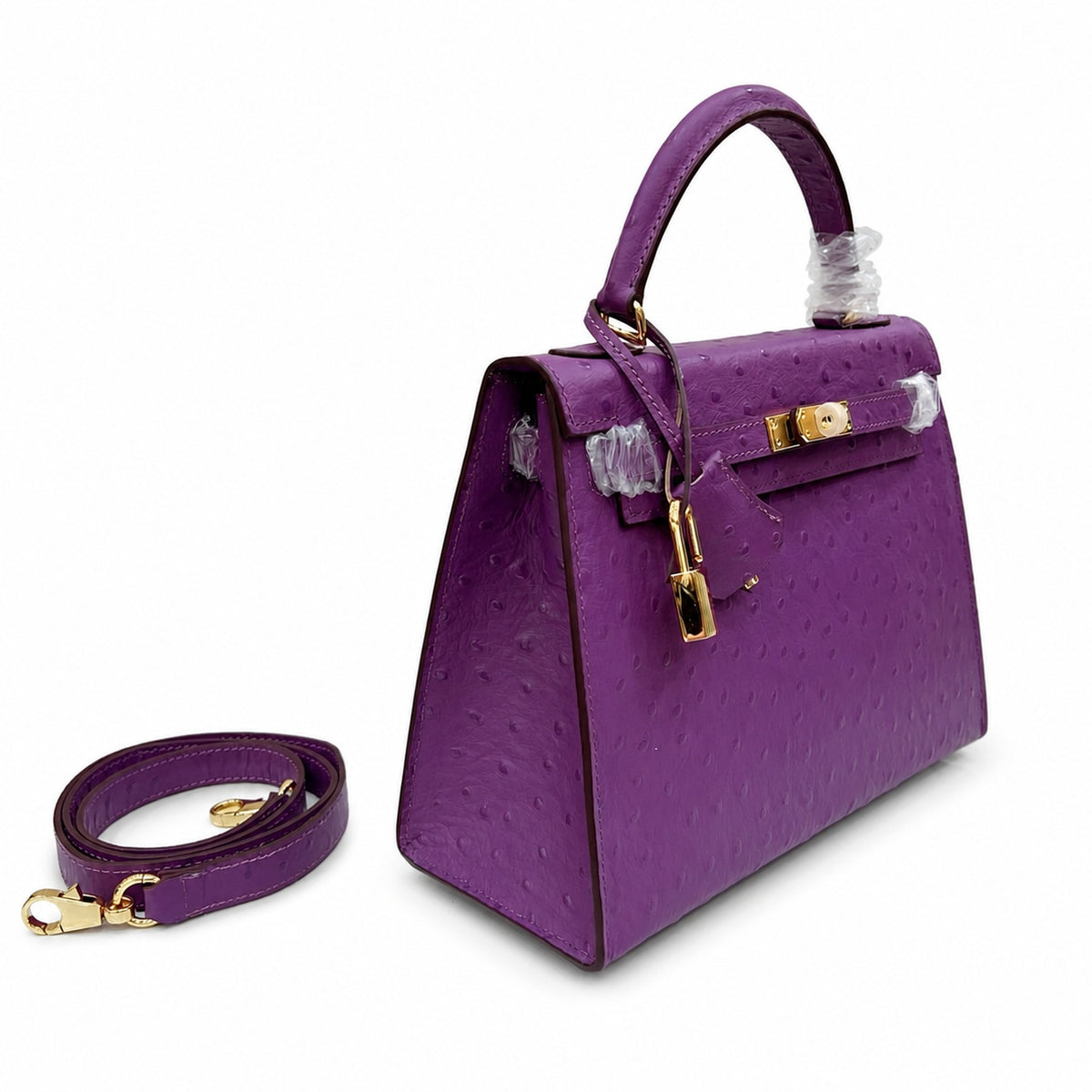Kelly Sellier 25cm Violine Ostrich Gold Hardware Luxury Commute — Streamlined Top-Handle Handbag