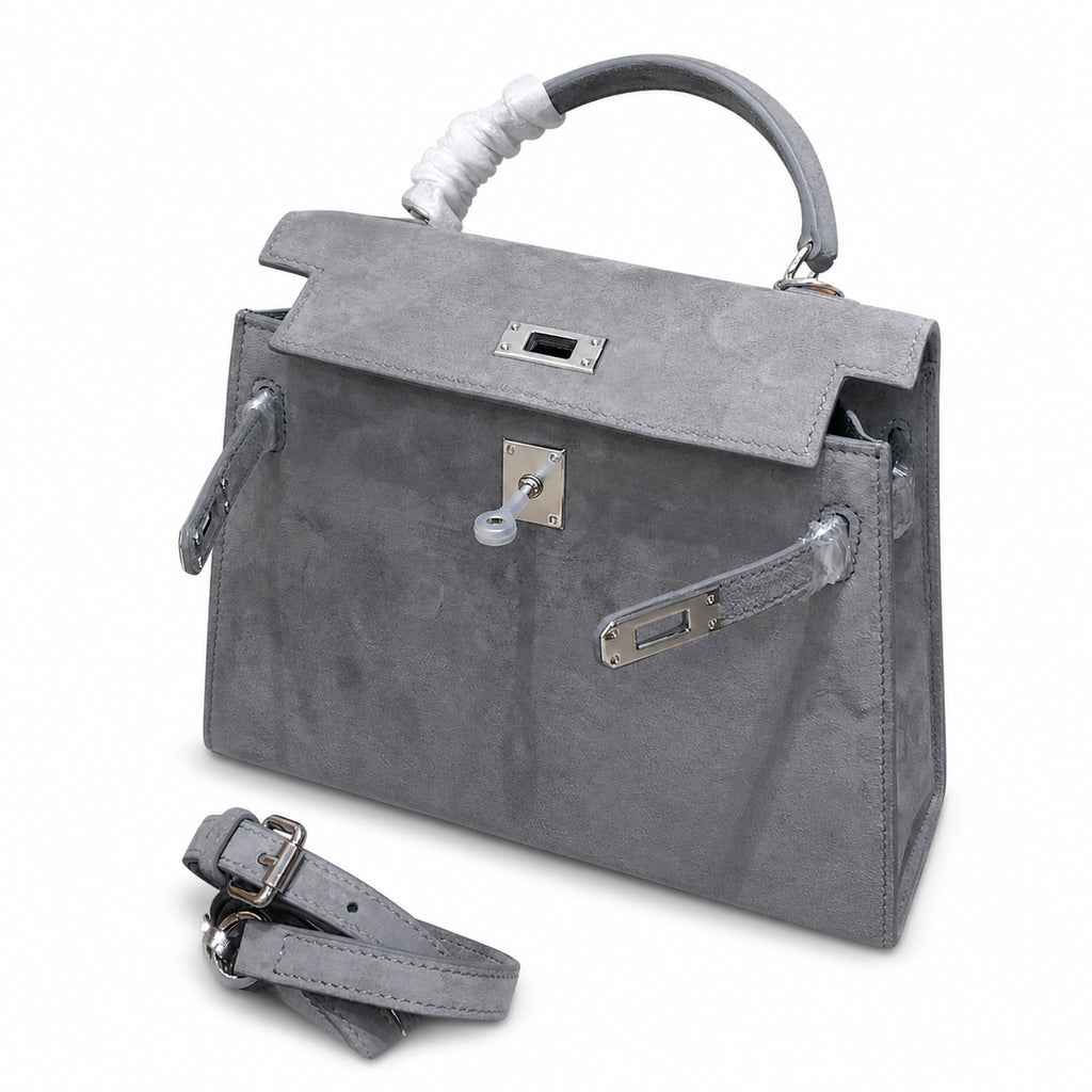 Kelly Sellier 22cm Gris Asphalte Suede Leather Palladium Hardware — Sophisticated Carry Design