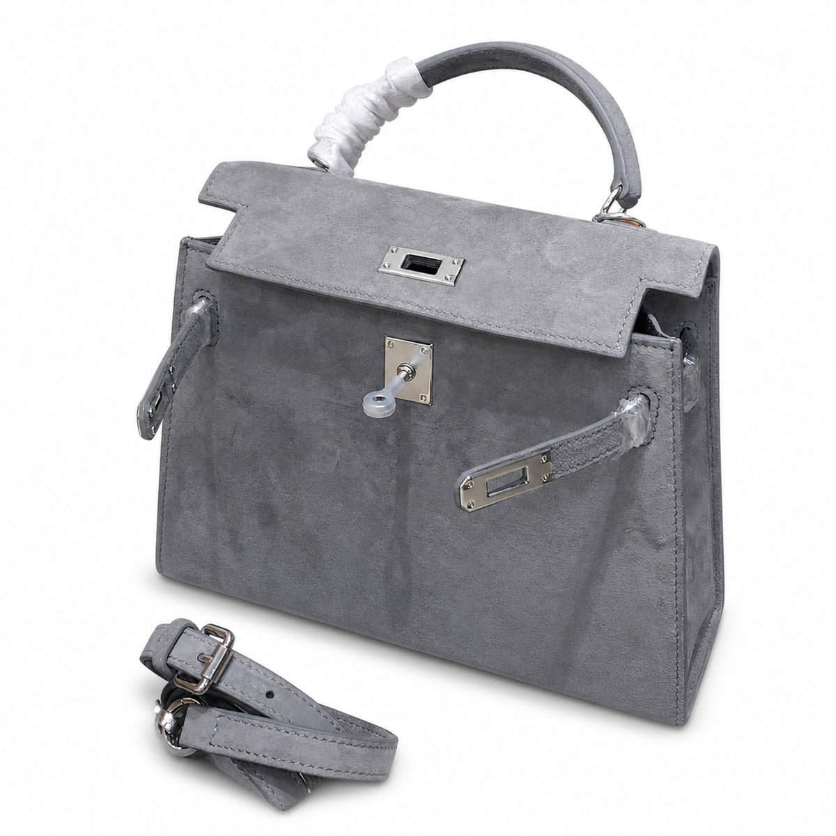 Kelly Sellier 22cm Gris Asphalte Suede Leather Palladium Hardware — Sophisticated Carry Design