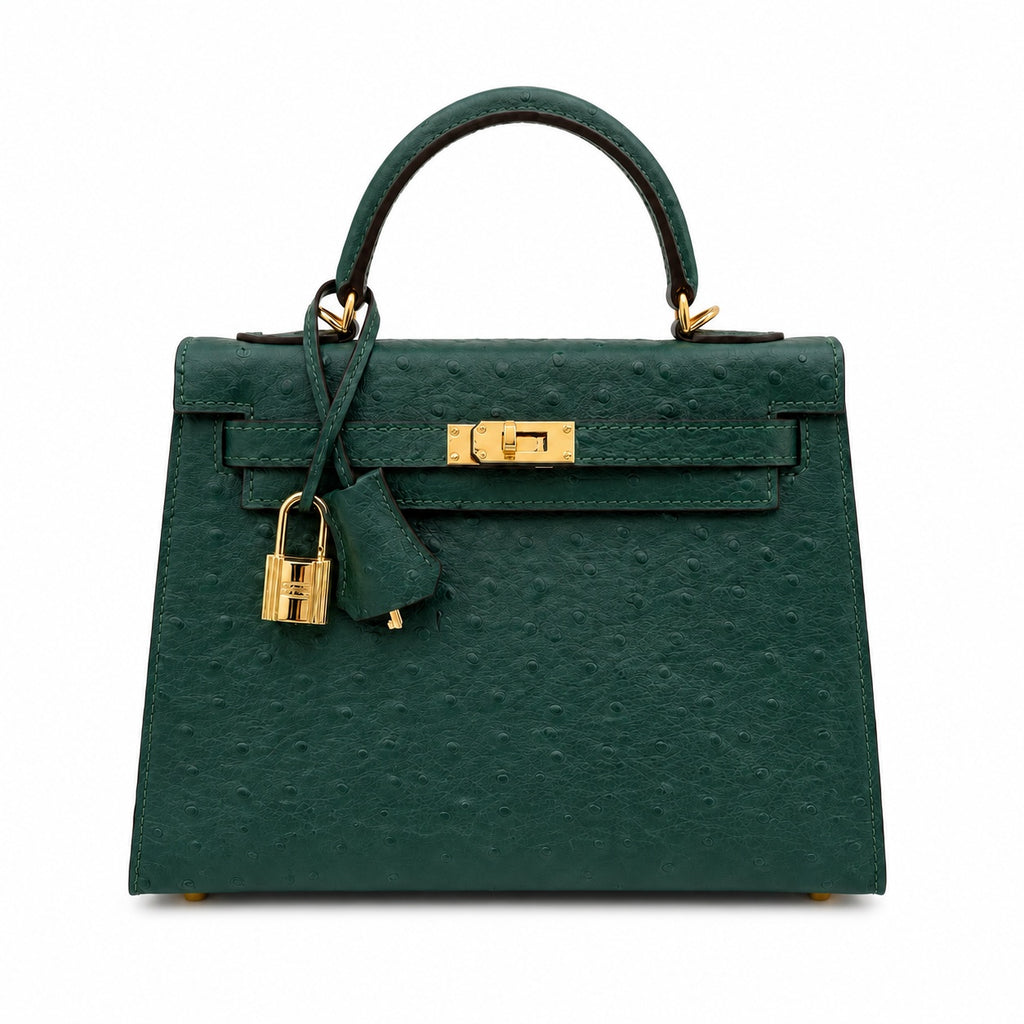 Kelly Sellier 25cm Vert Cypress Ostrich Gold Hardware Vintage — Timeless Top-Handle Design